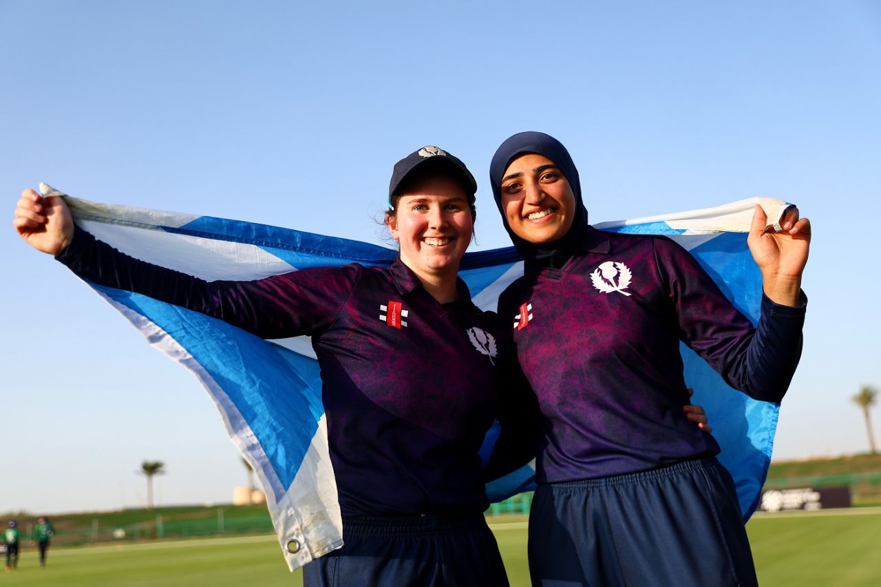 Spin twins Katherine Fraser and Abtaha Maqsood celebrate Scotland's qualification, Ireland vs Scotland, Women's T20 World Cup Qualifier, 1st semi-final, Abu Dhabi, May 5, 2024