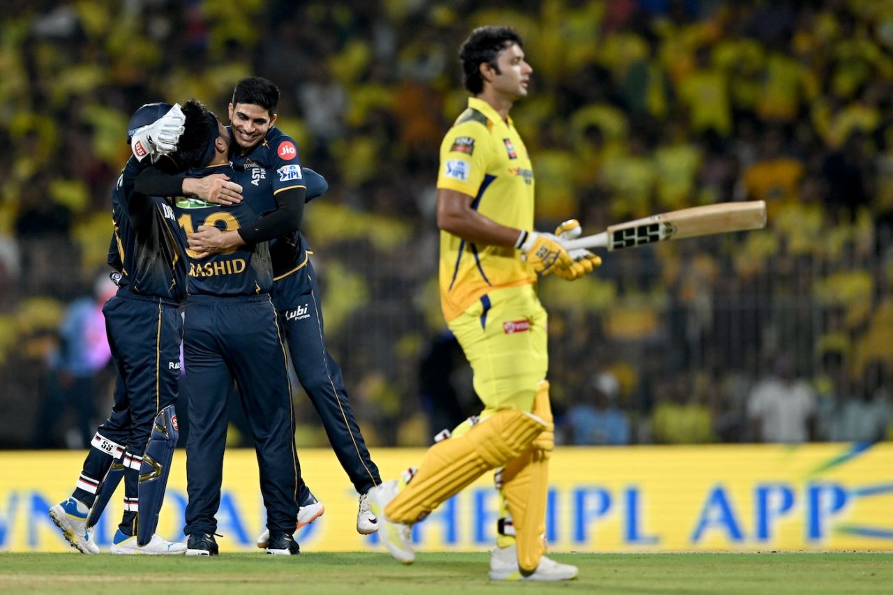 Rashid Khan, Shubman Gill and Wriddhiman Saha celebrate the wicket of Shivam Dube, Chennai Super Kings vs Gujarat Titans, IPL 2024, Chennai, March 26, 2024