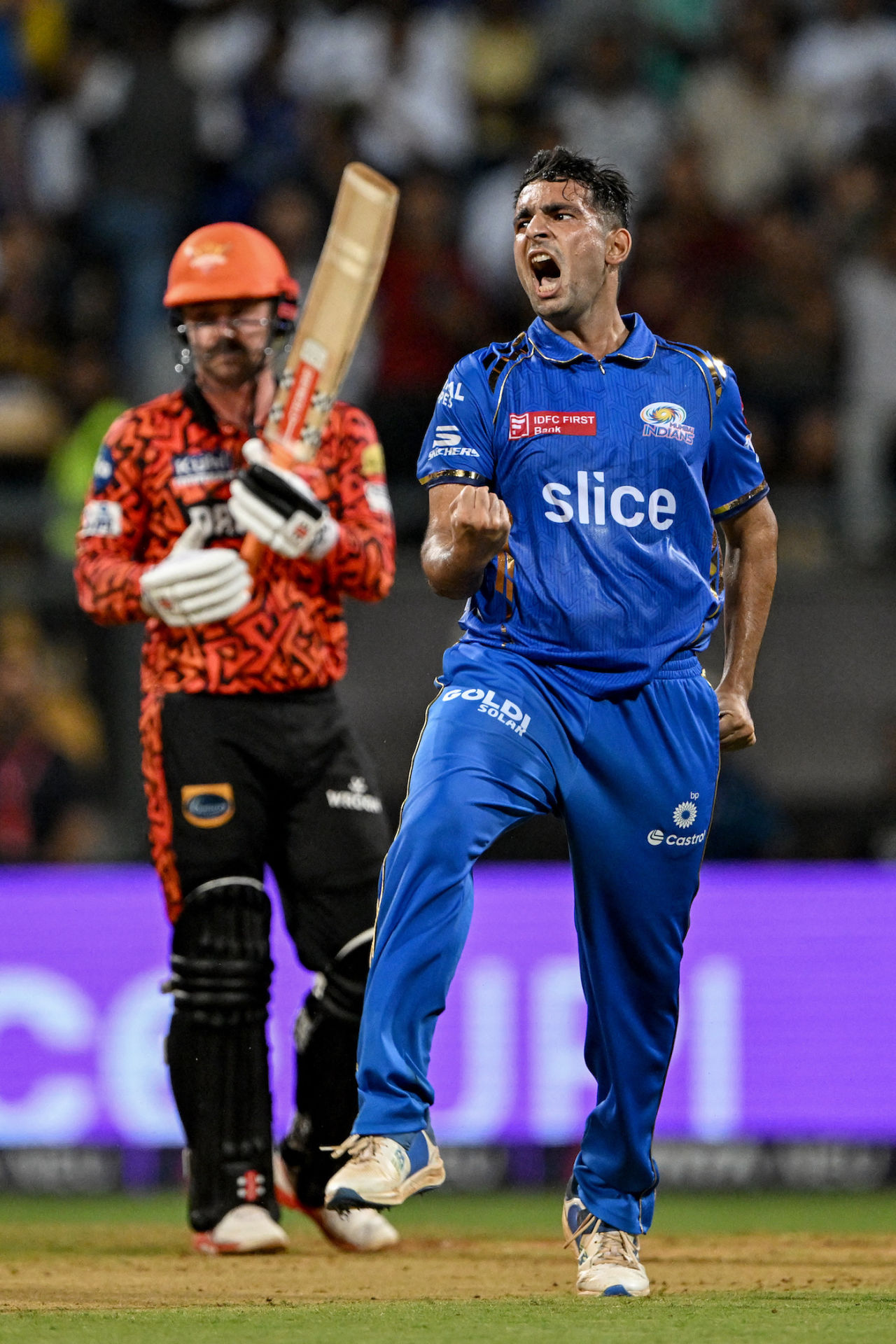 Anshul Kamboj was expensive on his debut, but picked up a wicket too, Mumbai Indians vs Sunrisers Hyderabad, IPL 2024, Mumbai, May 6, 2024 