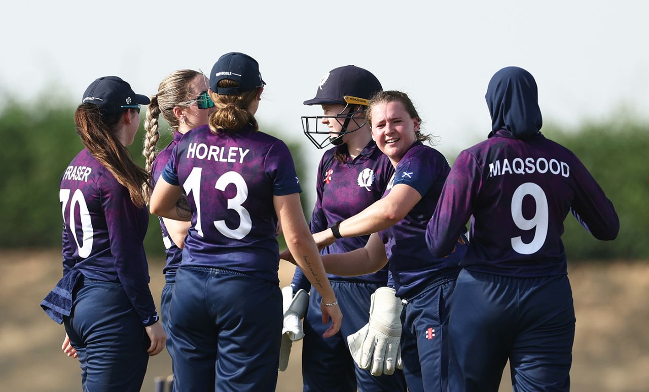 Kathryn Bryce celebrates a wicket with her team, Scotland vs USA, Women's T20 World Cup Qualifier, Abu Dhabi, April 29, 2024