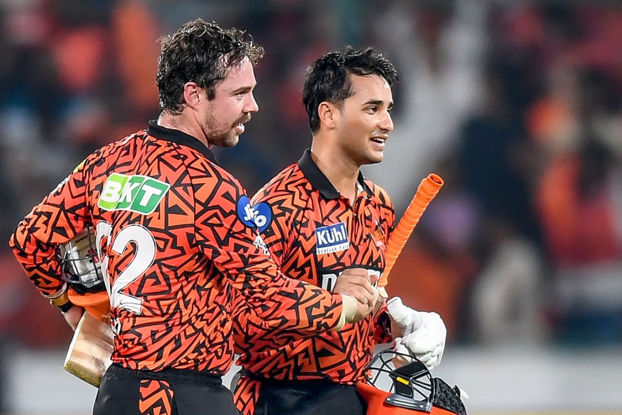 Travis Head and Abhishek Sharma walk back after their demolition job, Sunrisers Hyderabad vs Lucknow Super Giants, IPL 2024, Hyderabad, May 8, 2024
