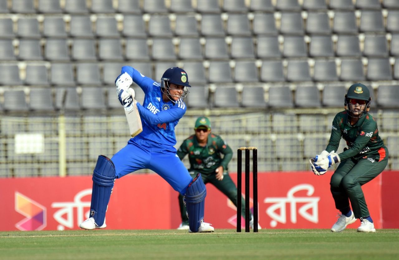 Smriti Mandhana cuts through the off side, Bangladesh vs India, 5th women's T20I, Sylhet, May 9, 2024
