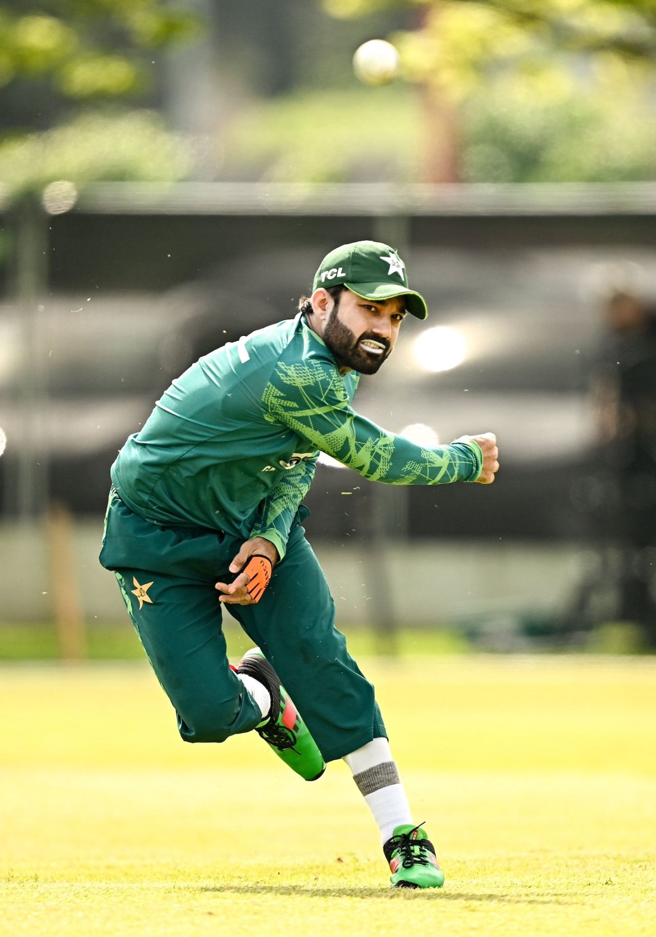 Mohammad Rizwan throws the ball at a training session in Dublin, Ireland, May 9, 2024
