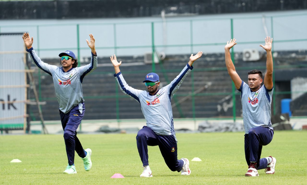 [L to R] Soumya Sarkar, Shakib Al Hasan and Taskin Ahmed train, Bangladesh vs Zimbabwe, 4th T20I, Dhaka, May 9, 2024