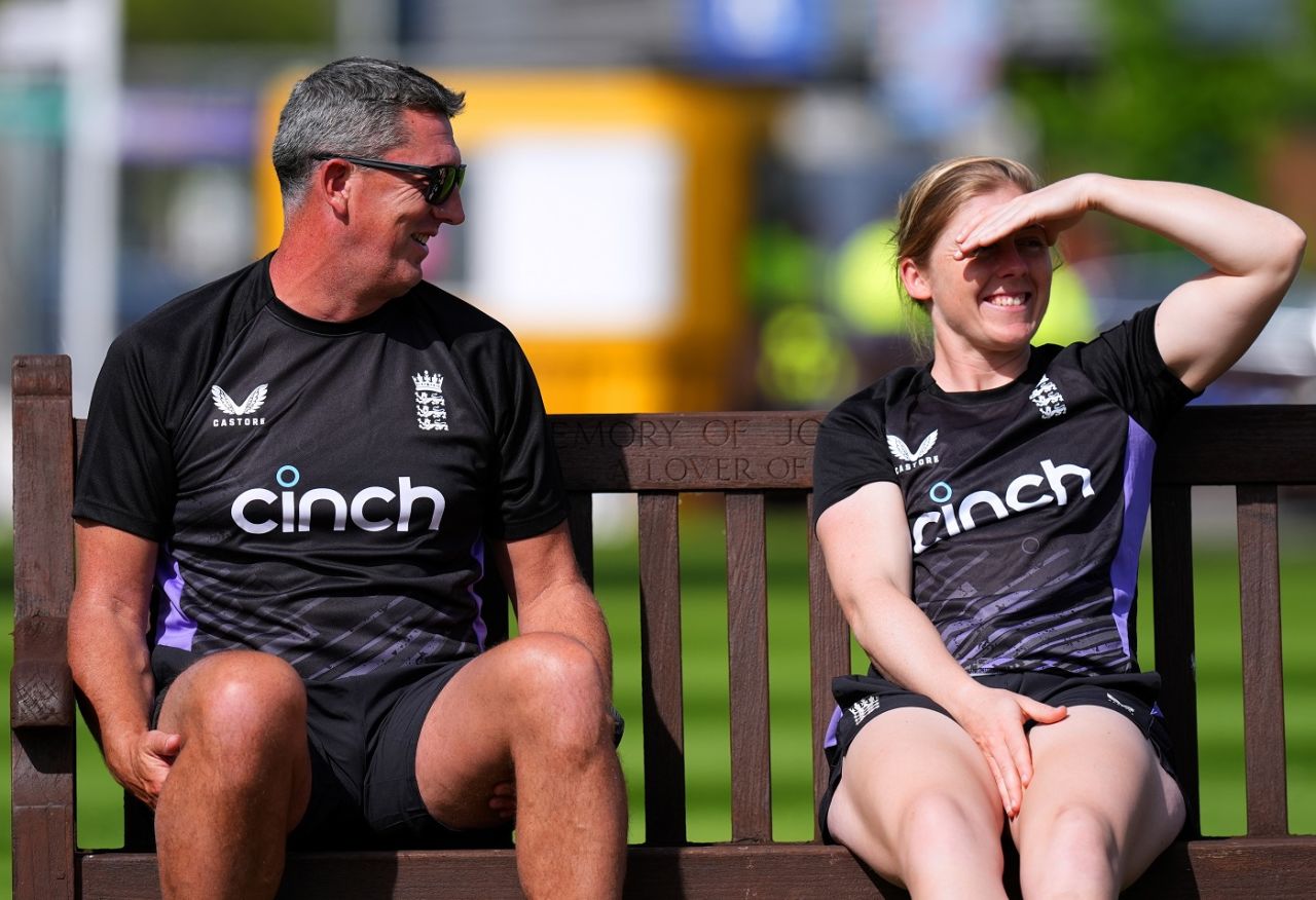 Jon Lewis and Heather Knight share a lighter moment at England training, Edgbaston, May 9, 2024