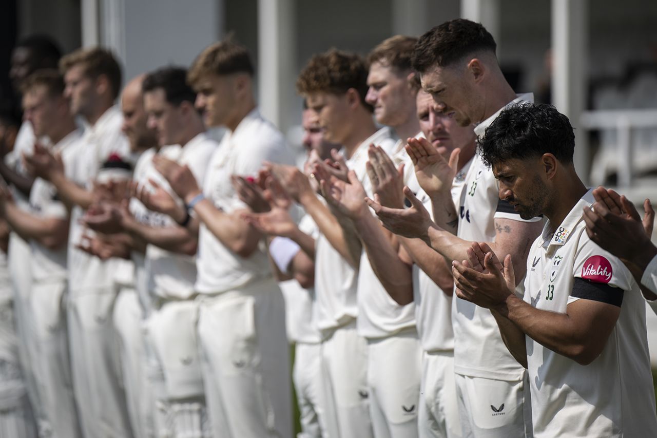 Players took part a minute's applause in memory of Josh Baker, Kent vs Worcestershire, County Championship, Division One, Canterbury, May 10, 2024