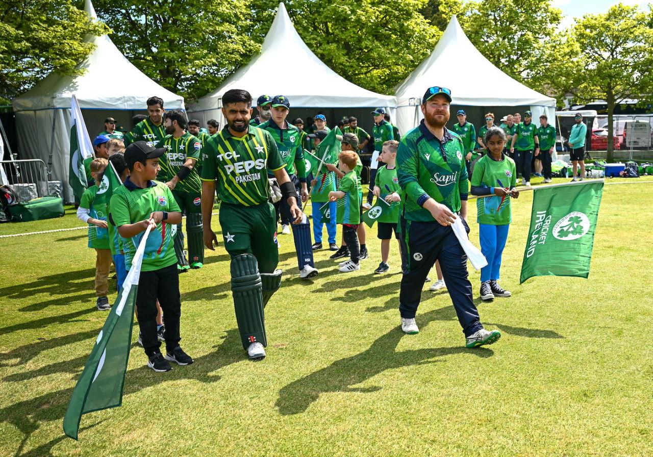 Babar Azam and Paul Stirling lead Pakistan and Ireland out on the field, Ireland vs Pakistan, 1st men's T20I, Clontarf, Dublin, May 10, 2024