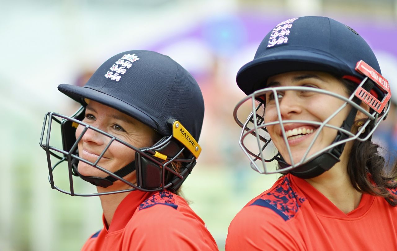 Danni Wyatt and Maia Bouchier get ready to bat, England vs Pakistan, 1st women's T20I, Birmingham, May 11, 2024