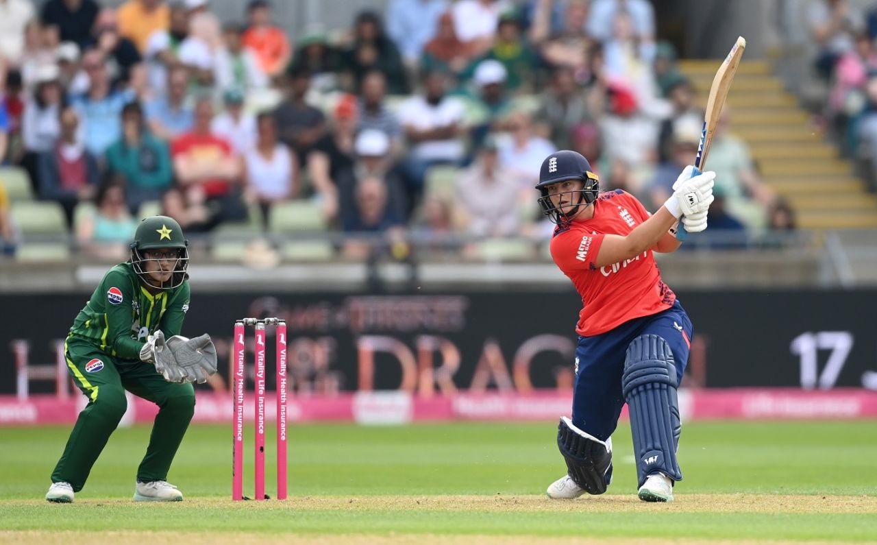 Danielle Gibson goes inside out during her 41 not out off 21 balls, England vs Pakistan, 1st women's T20I, Birmingham, May 11, 2024