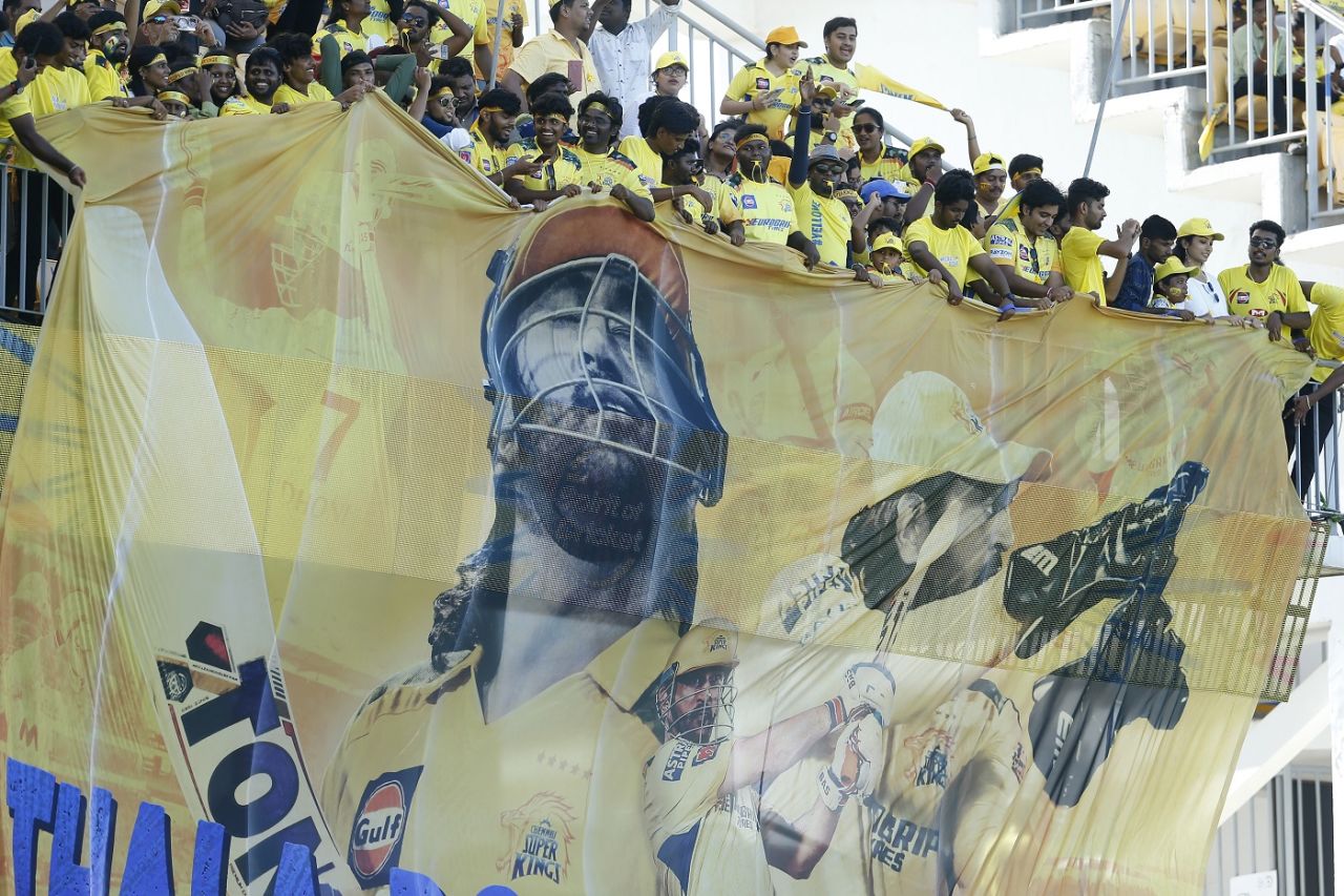Fans hold a huge MS Dhoni tifo, Chennai Super Kings vs Rajasthan Royals, IPL 2024, Chennai, May 12, 2024