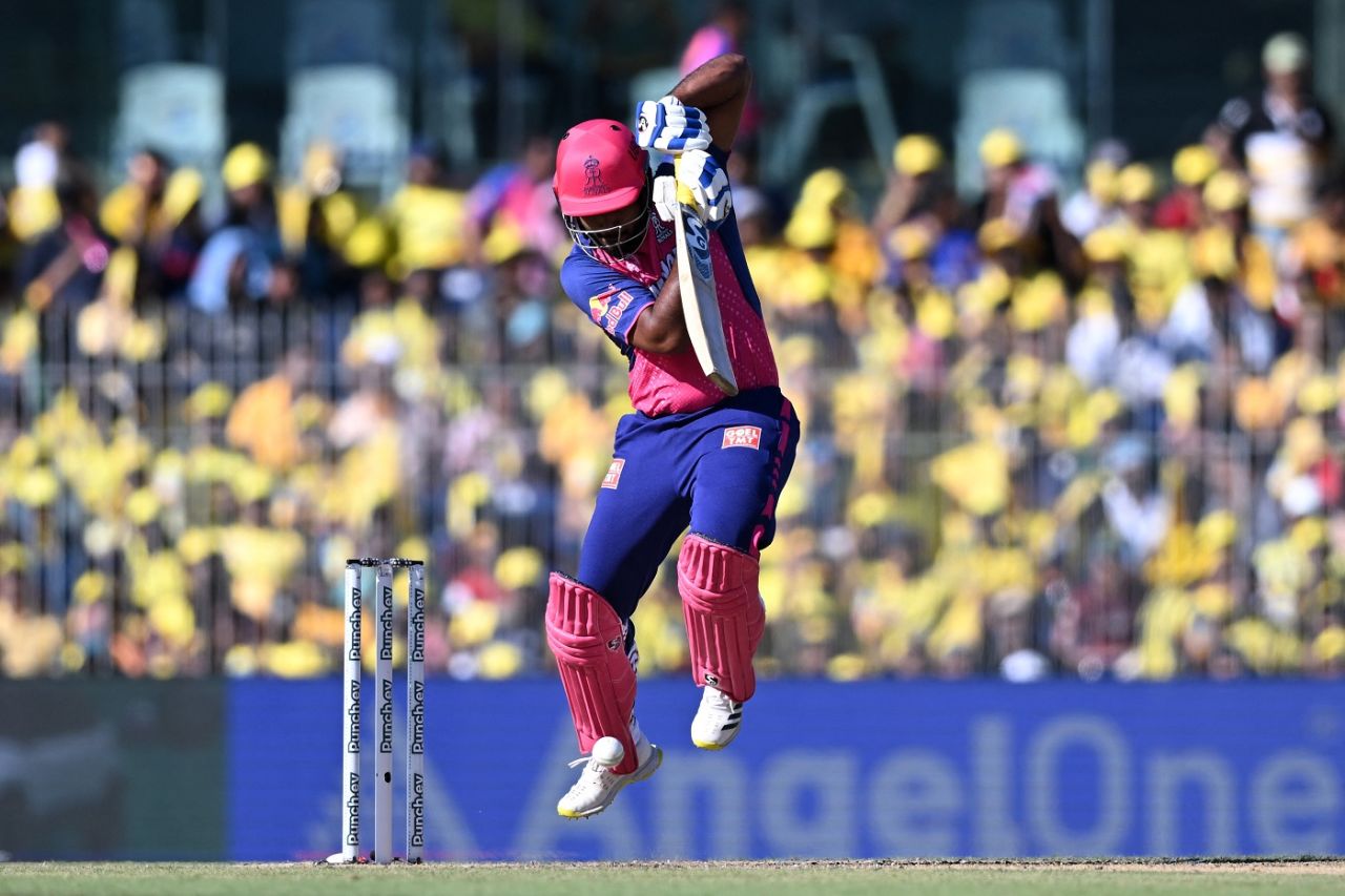 Sanju Samson hops to keep out a short ball, Chennai Super Kings vs Rajasthan Royals, IPL 2024, Chennai, May 12, 2024