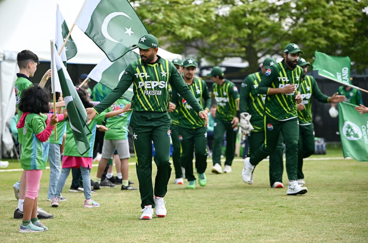 Babar Azam leads his team-mates out on to the field, Ireland vs Pakistan, 2nd T20I, Dublin, May 12, 2024