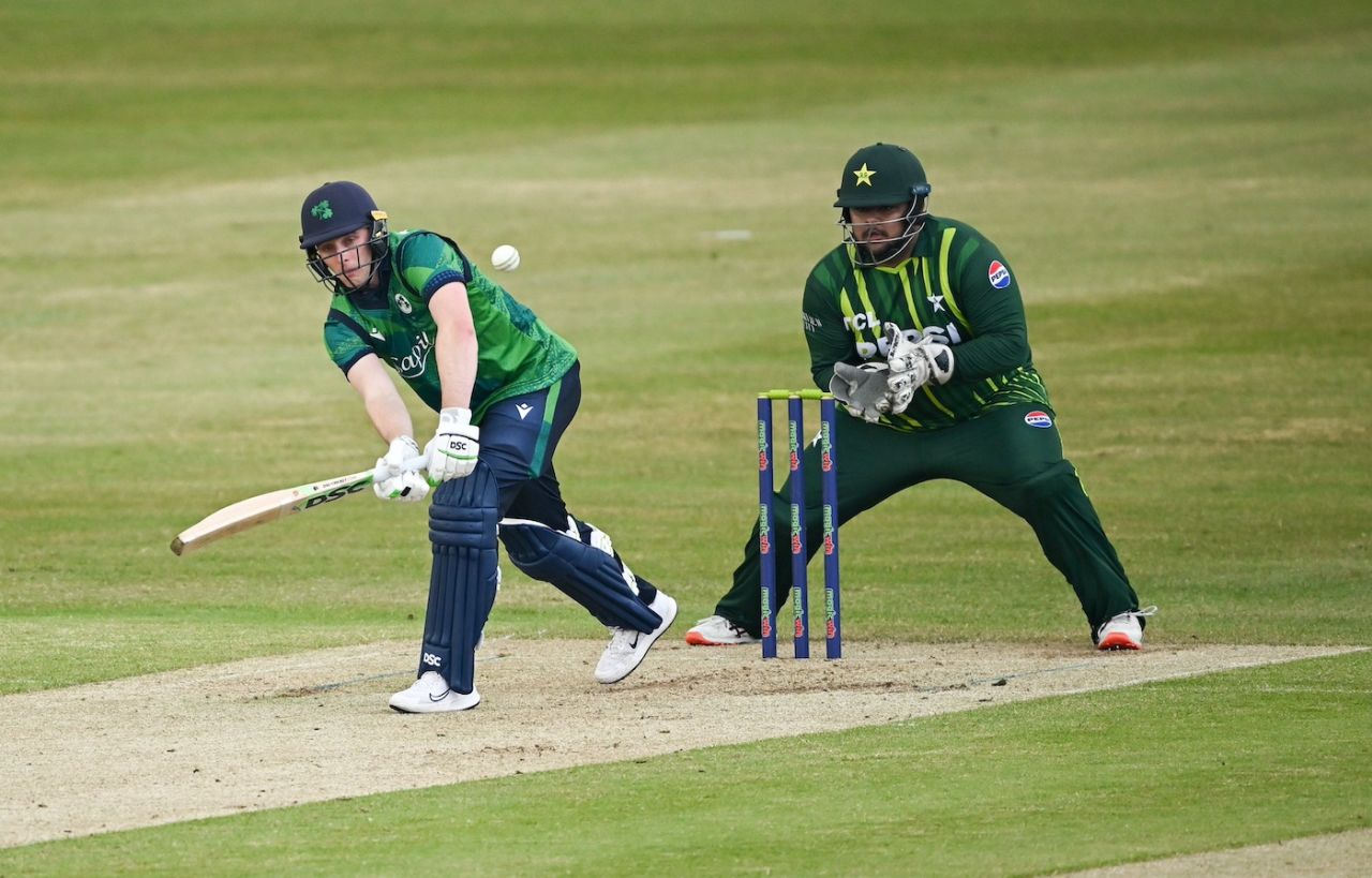 Lorcan Tucker plays the ball on the leg side, Ireland vs Pakistan, 2nd T20I, Dublin, May 12, 2024