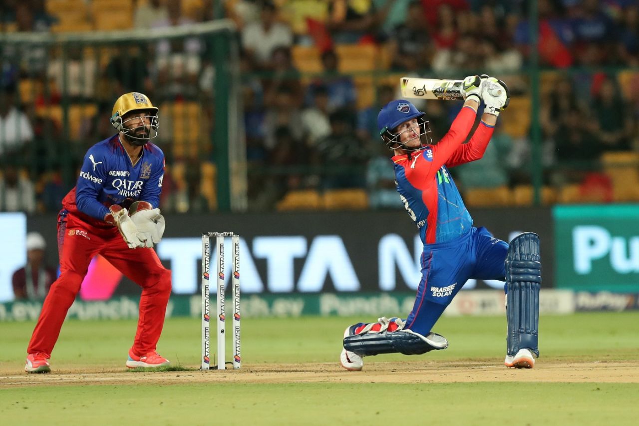 Jake Fraser-McGurk hit the first ball he faced for a six, Royal Challengers Bengaluru vs Delhi Capitals, IPL 2024, Bengaluru, May 12, 2024