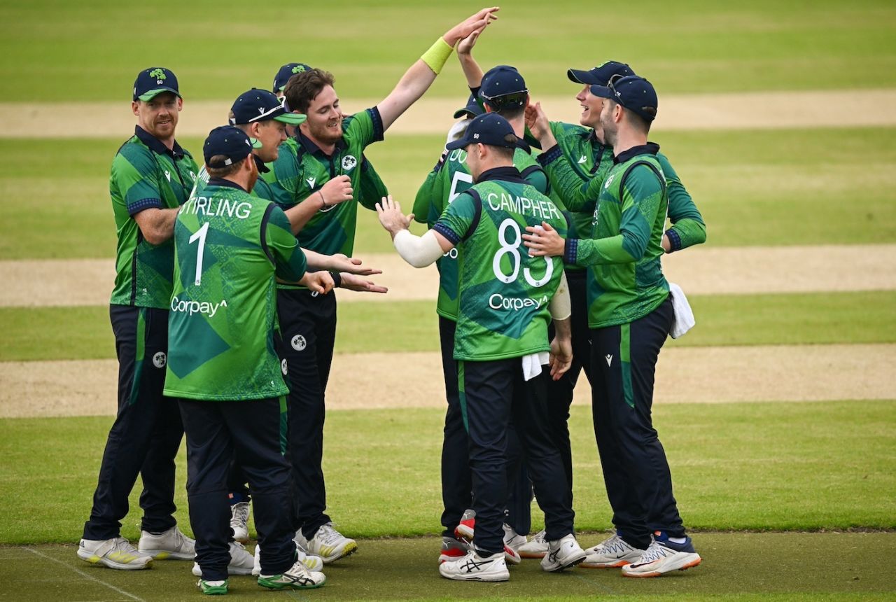 Mark Adair celebrates a wicket, Ireland vs Pakistan, 2nd T20I, Dublin, May 12, 2024