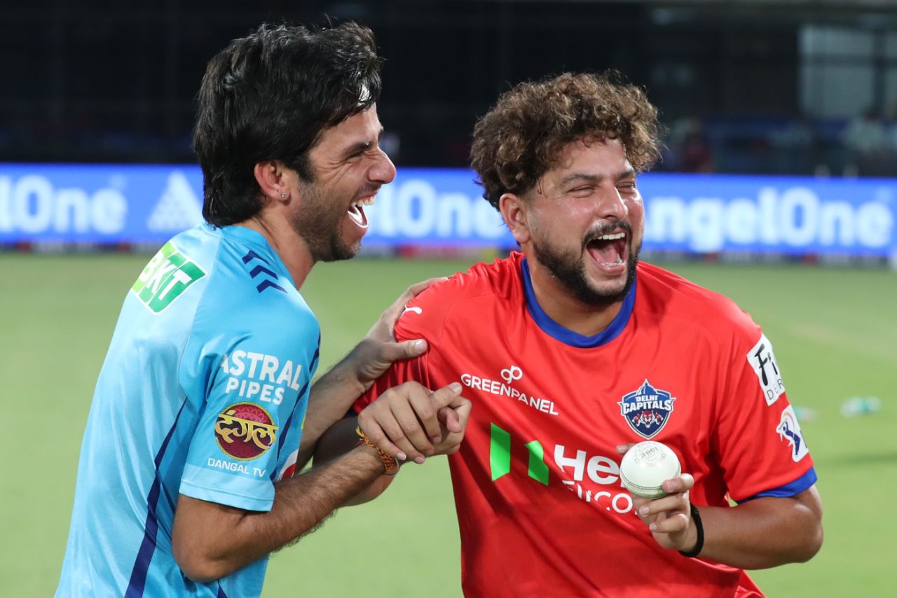 The wristspin laughing club: Ravi Bishnoi and Kuldeep Yadav share a moment, Delhi Capitals vs Lucknow Super Giants, IPL 2024, Delhi, May 14, 2024