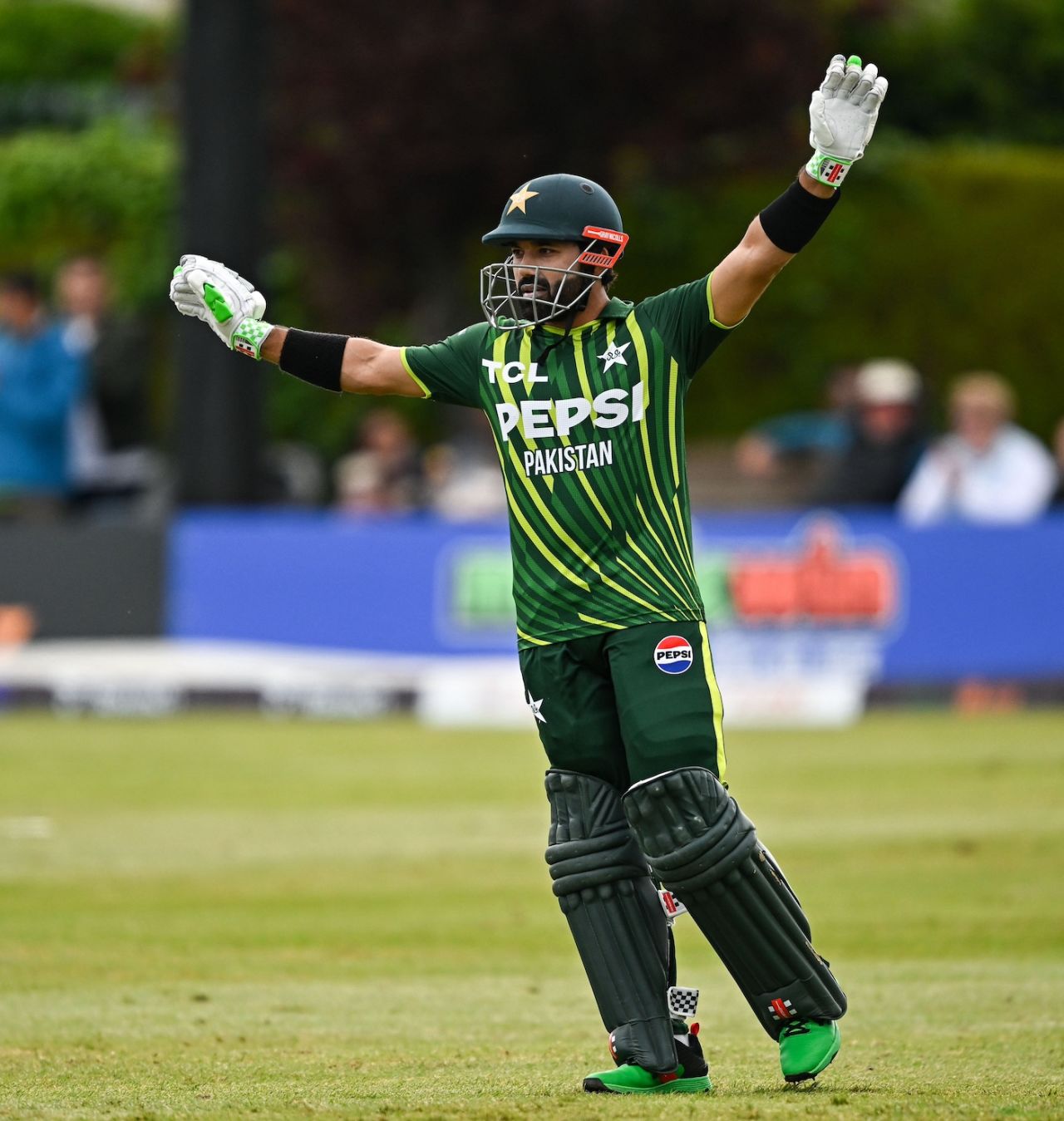 Look Ma, no bat! Mohammad Rizwan celebrates after bringing up his fifty, Ireland vs Pakistan, 3rd T20I, Dublin, May 14, 2024