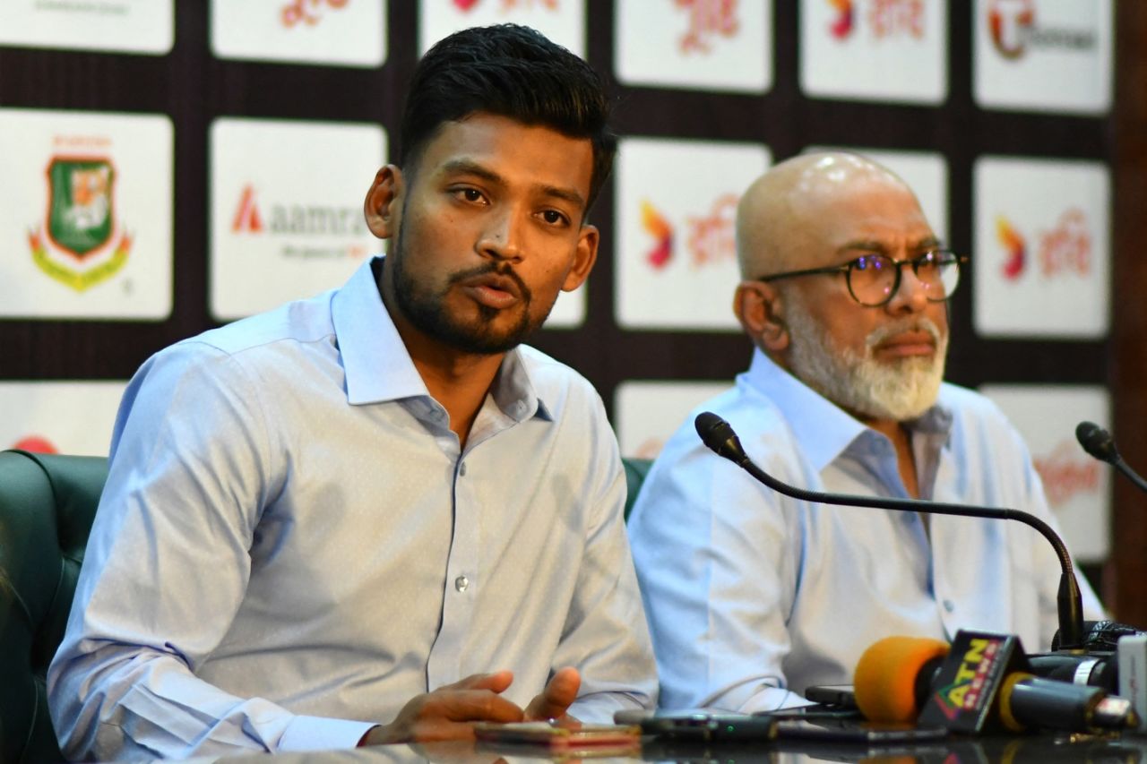 Bangladesh captain Najmul Hossain Shanto and coach Chandika Hathurusinghe address the media, Dhaka, May 15, 2024