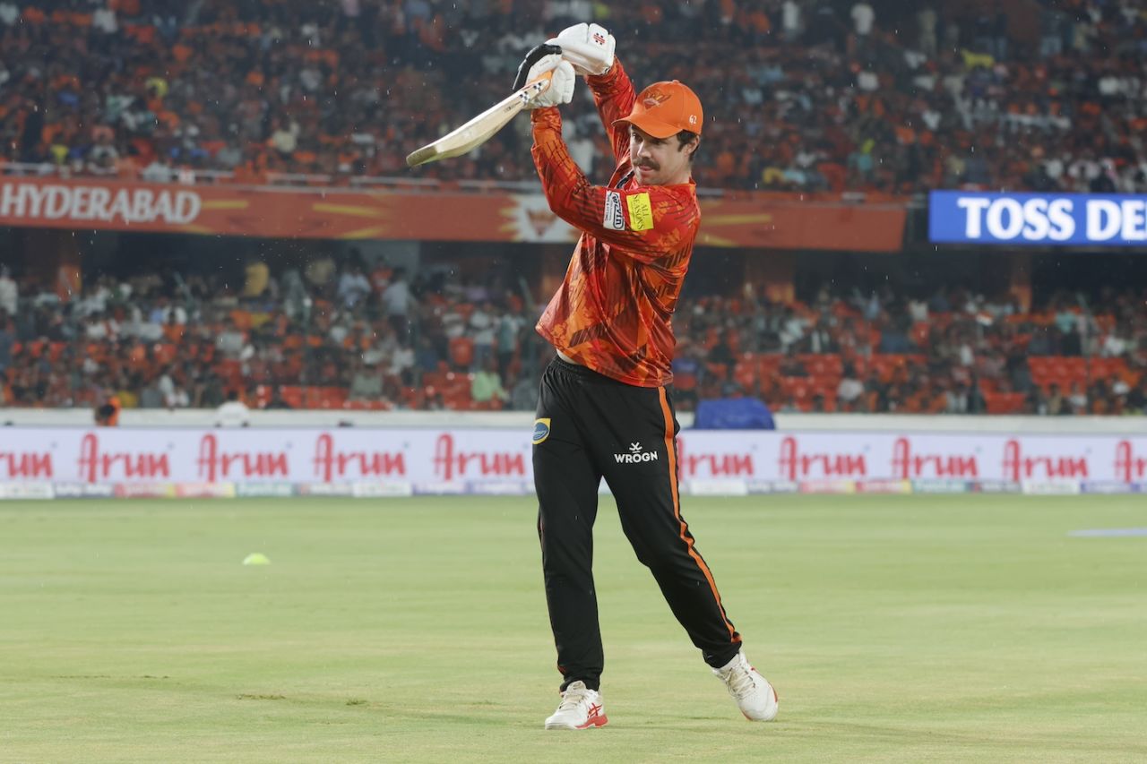 Travis Head has a hit during the rain delay, Sunrisers Hyderabad vs Gujarat Titans, IPL 2024, Hyderabad, May 16, 2024