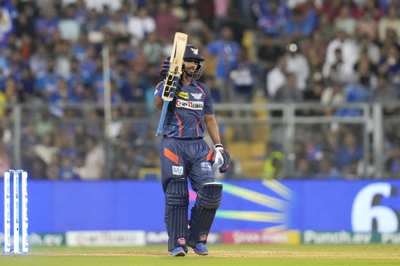 Nicholas Pooran celebrates his fifty, Mumbai Indians vs Lucknow Super Giants, IPL 2024, Mumbai, May 17, 2024