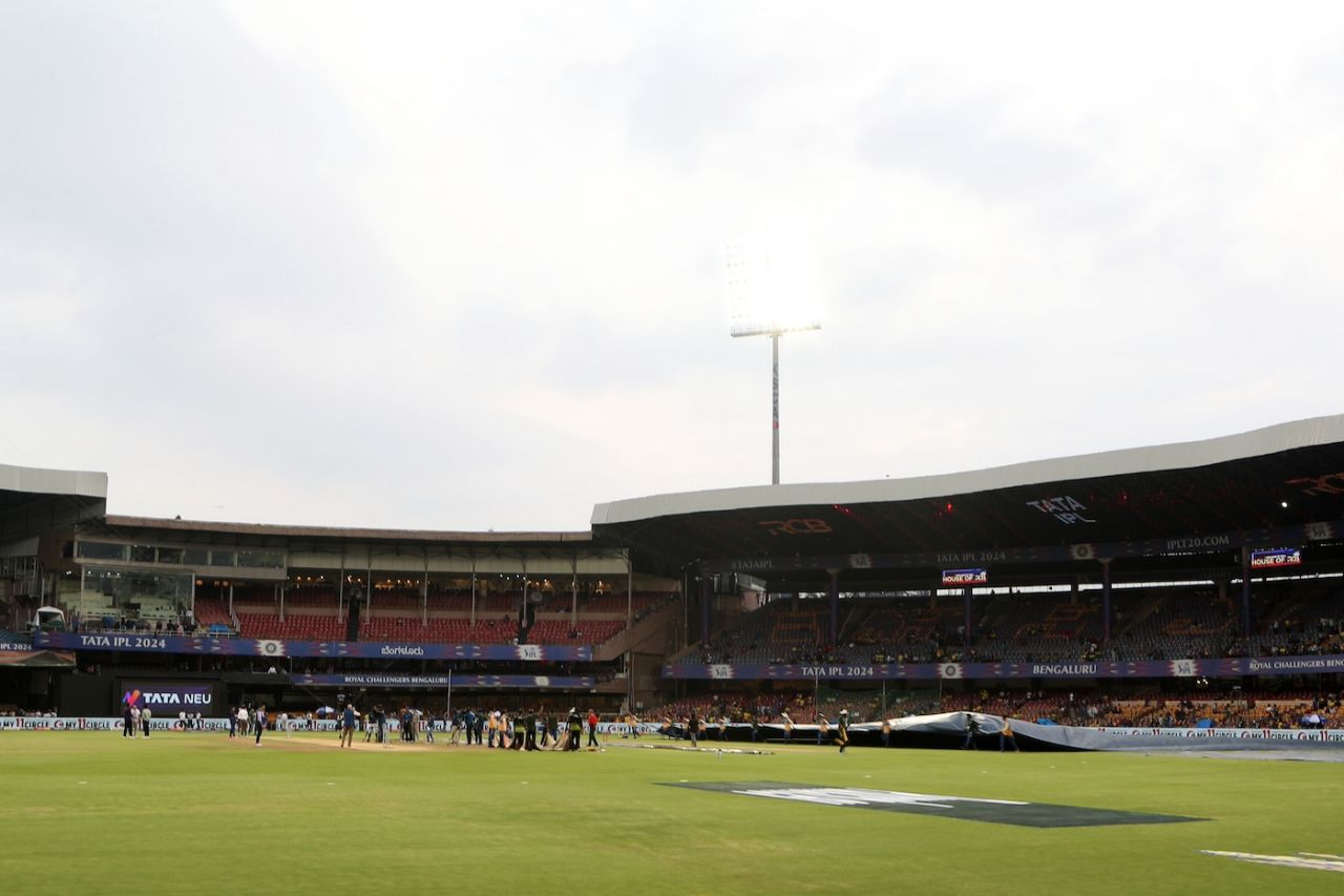 There was an ever-present threat of rain and no one was taking any chances, Royal Challengers Bengaluru vs Chennai Super Kings, IPL 2024, Bengaluru, May 18, 2024