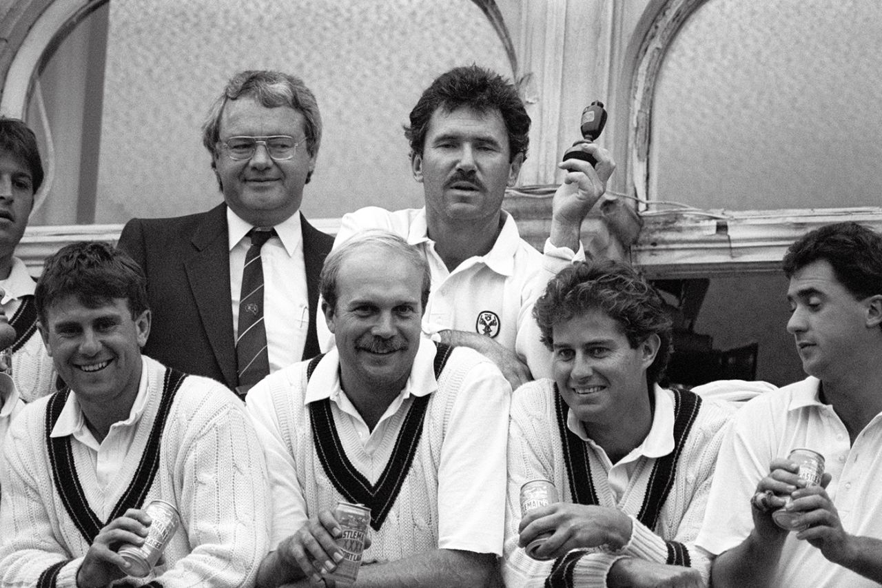 Allan Border holds the Ashes trophy while Mark Taylor, Carl Rackemann, Terry Alderman and Tim May enjoy drinks to celebrate the series win, England vs Australia, 6th Test, The Oval, 5th day, August 29, 1989