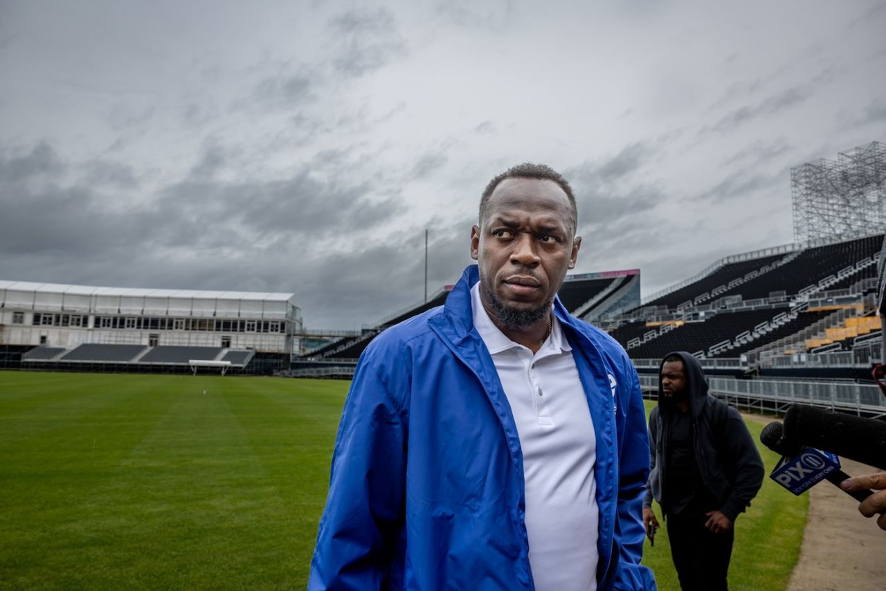 Usain Bolt at at an event to mark the unveiling of the stadium at Eisenhower Park  in New York for the 2024 T20 World Cup, May 15, 2024