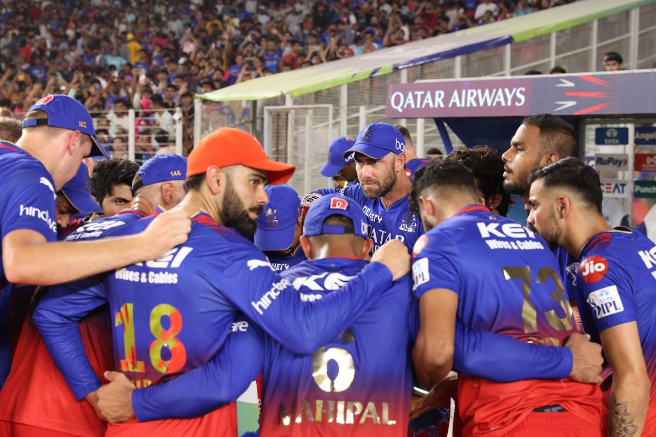 The RCB huddle before the chase Rajasthan Royals vs Royal Challengers Bengaluru, IPL 2024, Eliminator, Ahmedabad, May 22, 2024 