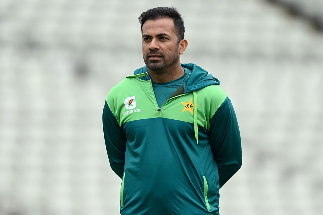 Pakistan selector Wahab Riaz watches on during training, Edgbaston, May 24, 2024