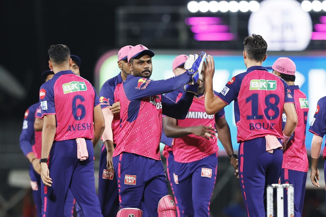 Sanju Samson celebrates yet another Trent Boult first-over wicket with the fast bowler, Sunrisers Hyderabad vs Rajasthan Royals, Qualifier 2, IPL 2024, Chennai, May 24, 2024