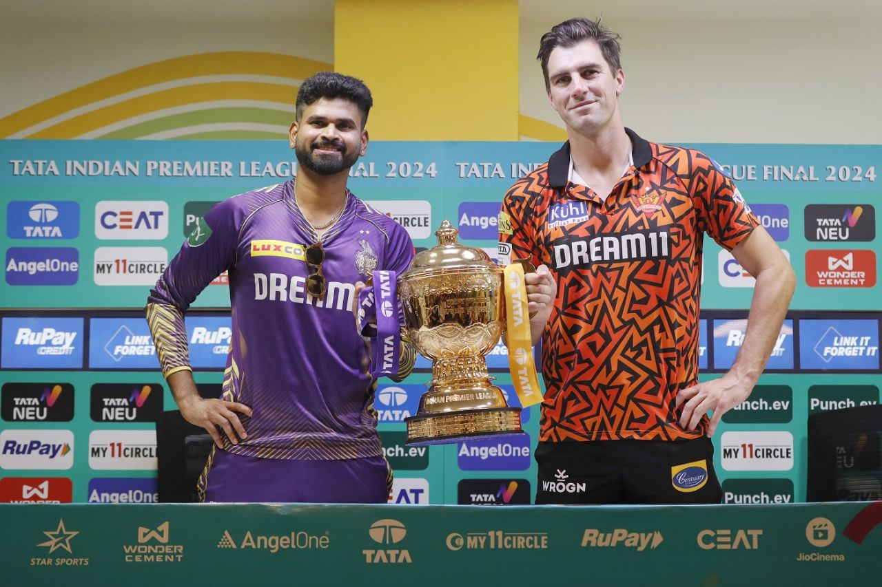 Shreyas Iyer and Pat Cummins pose with the IPL trophy at a press conference ahead of the final, IPL 2024, Chennai, May 25, 2024