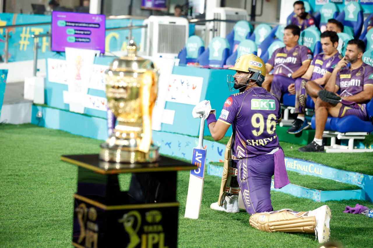 KKR's engine room in 2024: Captain Shreyas Iyer warms up for the chase, with coach Chandrakant Pandit, mentor Gautam Gambhir and assistant coach Abhishek Nayar in the dugout, Kolkata Knight Riders vs Sunrisers Hyderabad, IPL 2024, final, Chennai, May 26, 2024