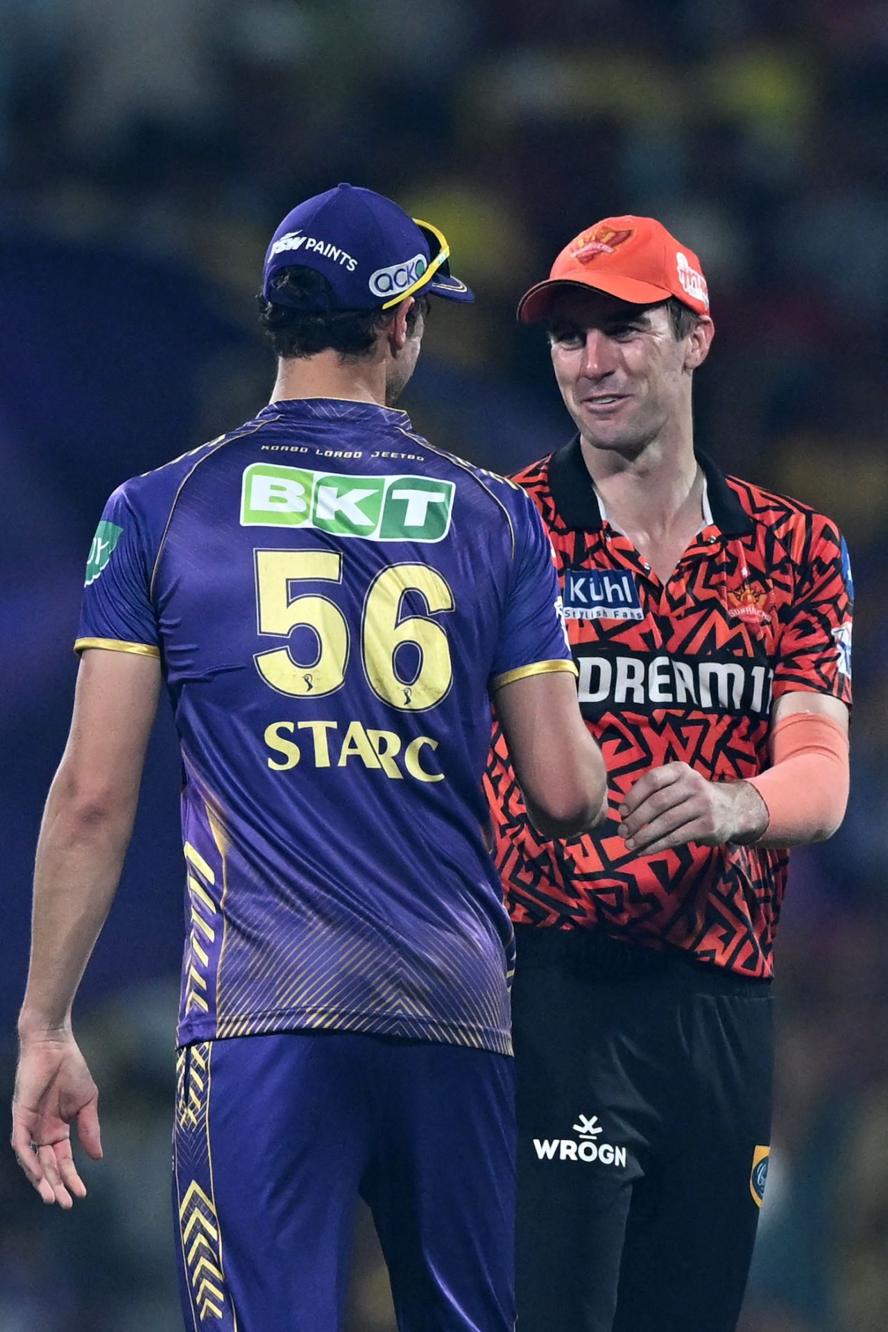 Pat Cummins and Mitchell Starc shake hands after the game, Kolkata Knight Riders vs Sunrisers Hyderabad, IPL 2024, final, Chennai, May 26, 2024