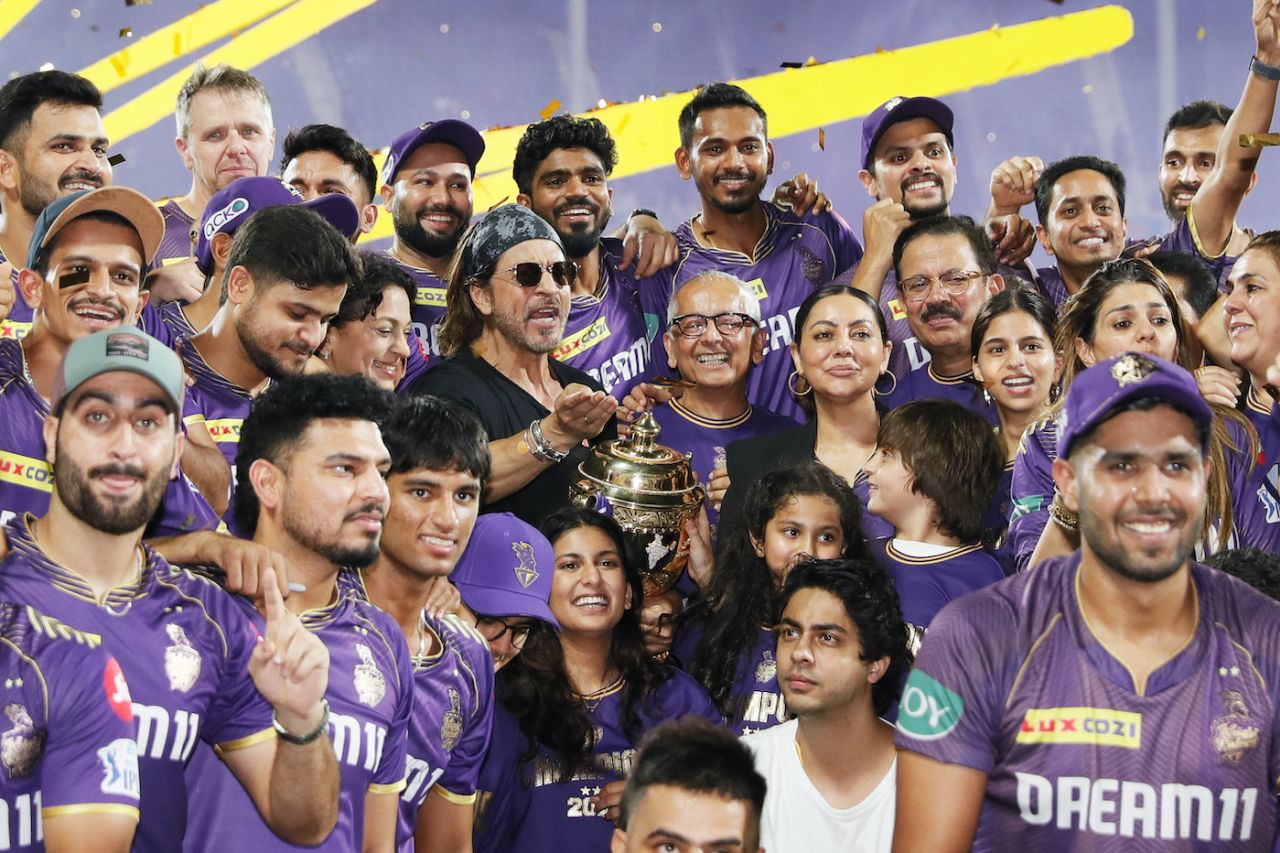 The KKR posse, including the owners Shah Rukh Khan - his family - and Juhi Chawla, celebrate their win, Kolkata Knight Riders vs Sunrisers Hyderabad, IPL 2024 final, Chennai, May 26, 2024