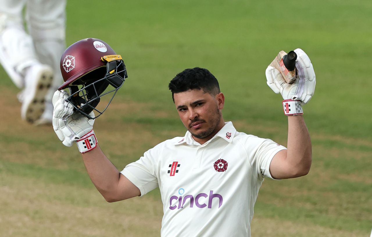 Ricardo Vasconcelos celebrates his matchsaving century for Northants, Northants vs Yorkshire, Vitality County Championship, 4th day, Northampton, May 27, 2024