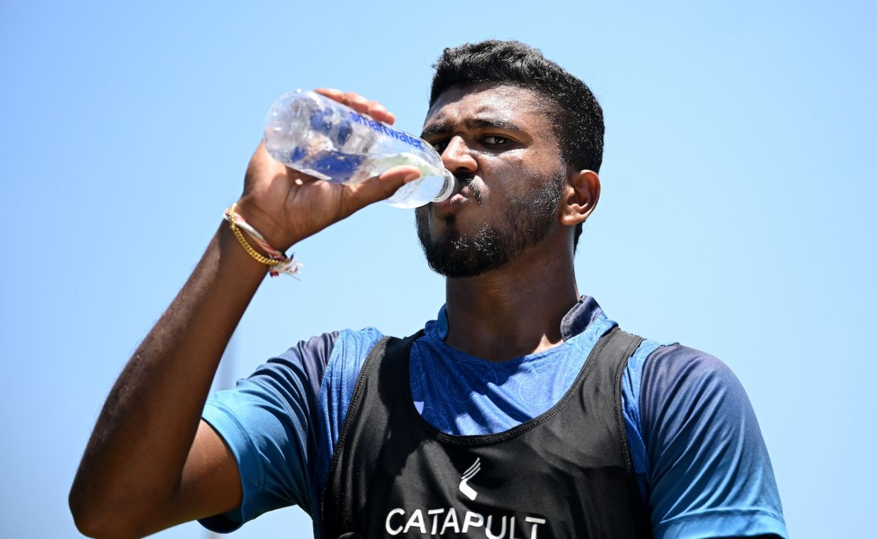 Dilshan Madushanka catches a breather during a training session, Lauderhill, May 26, 2024