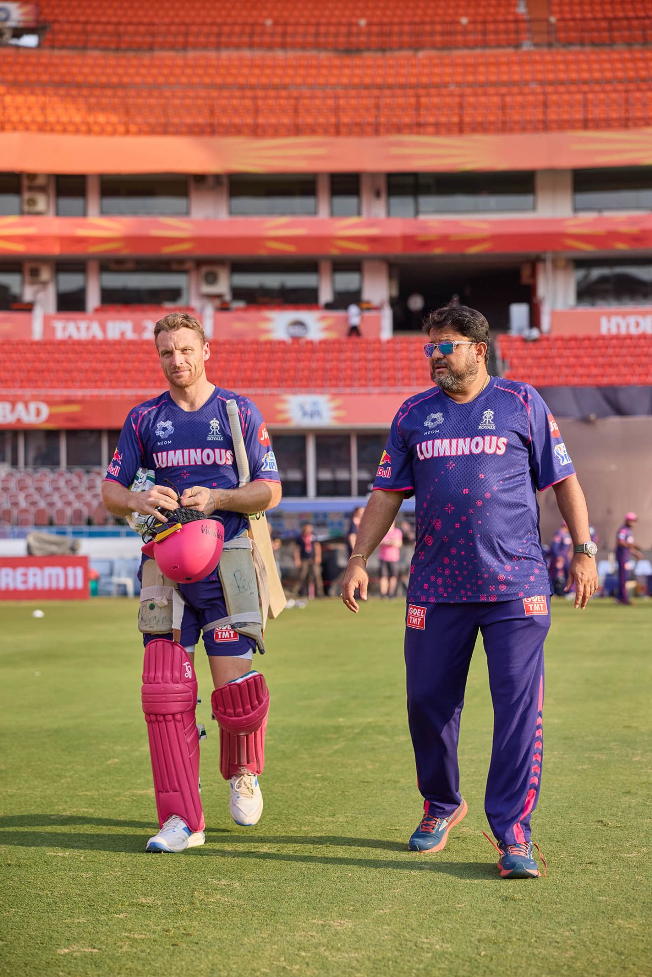 Jos Buttler with Sid Lahiri at a training session in Hyderabad, May 1, 2024