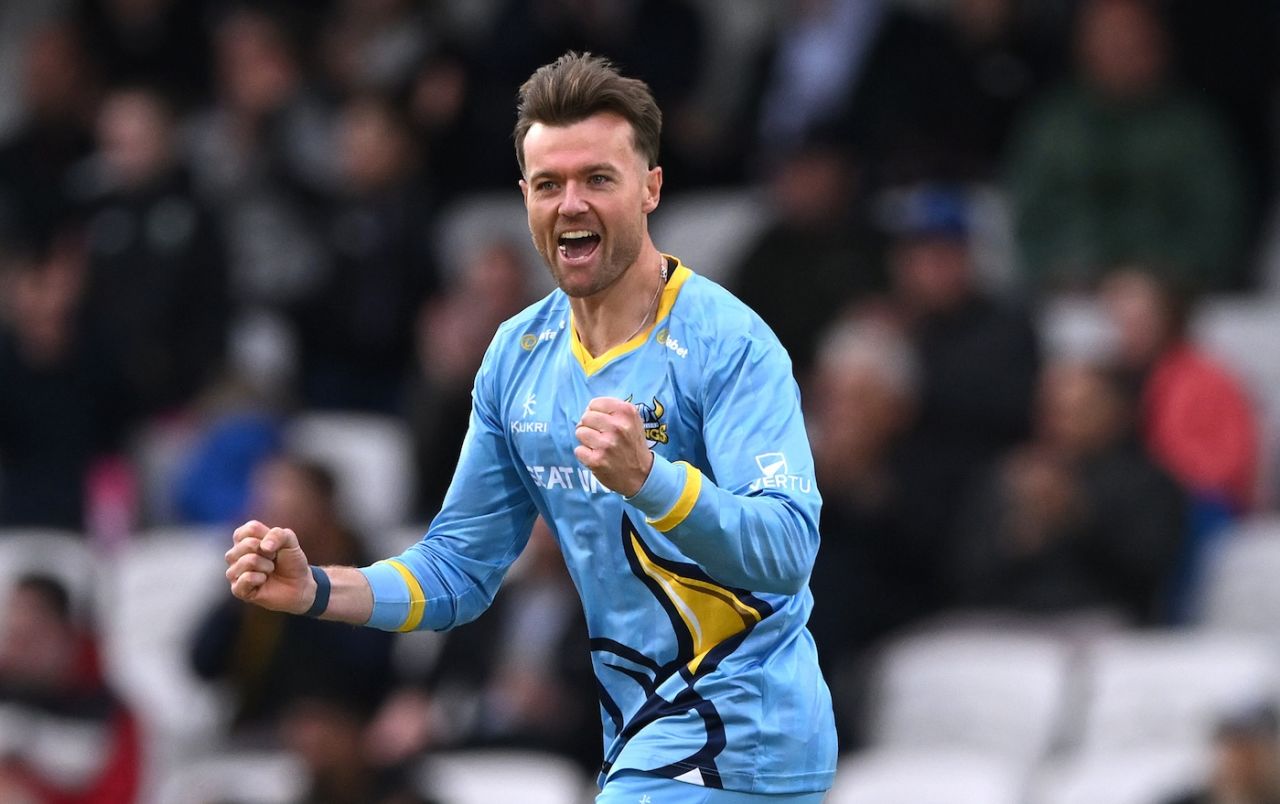 Dan Moriaty took 4 for 25 as Worcestershire were bowled out for 101, Yorkshire Vikings v Worcestershire Rapids, Vitality Blast, Headingley, May 30, 2024

