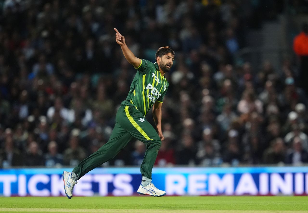 Haris Rauf wheels away after dismissing Jos Buttler, England vs Pakistan, 4th T20I, The Oval, May 30, 2024