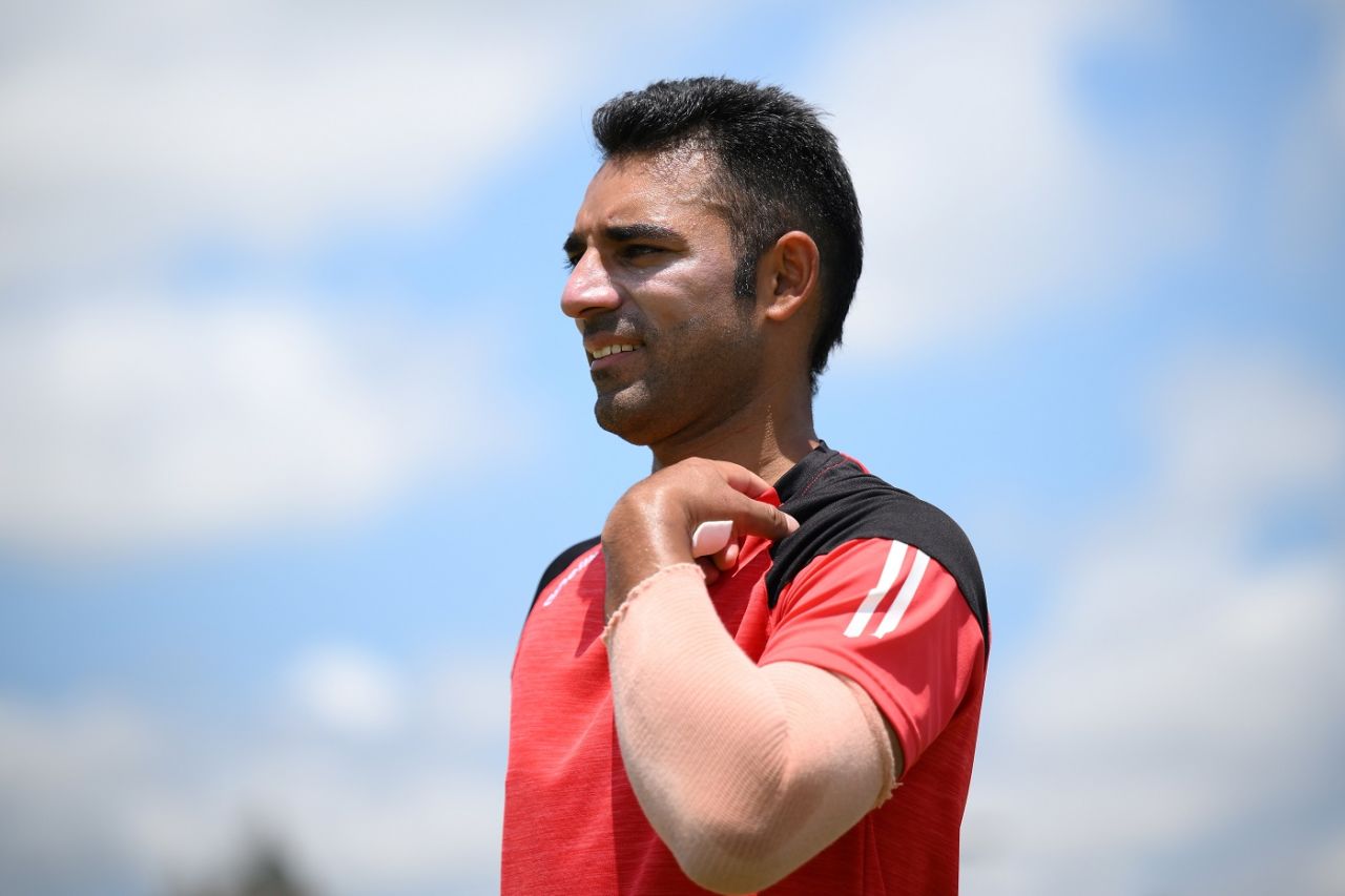 Canada captain Saad Bin Zafar gets ready to bowl during a training session on the eve of the team's opener, T20 World Cup 2024, Dallas, May 31, 2024 