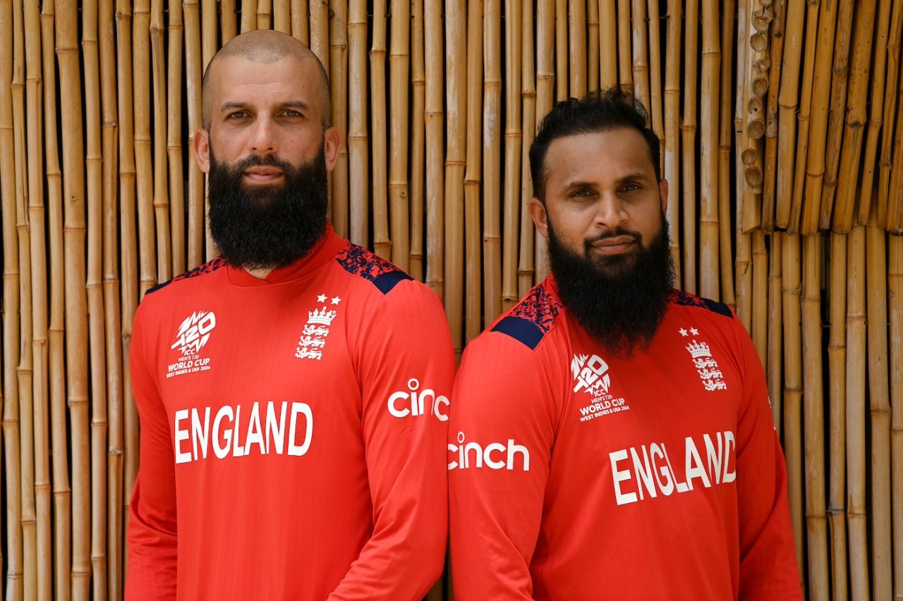 Moeen Ali and Adil Rashid pose for a portreait together, Bridgetown, June 1, 2024