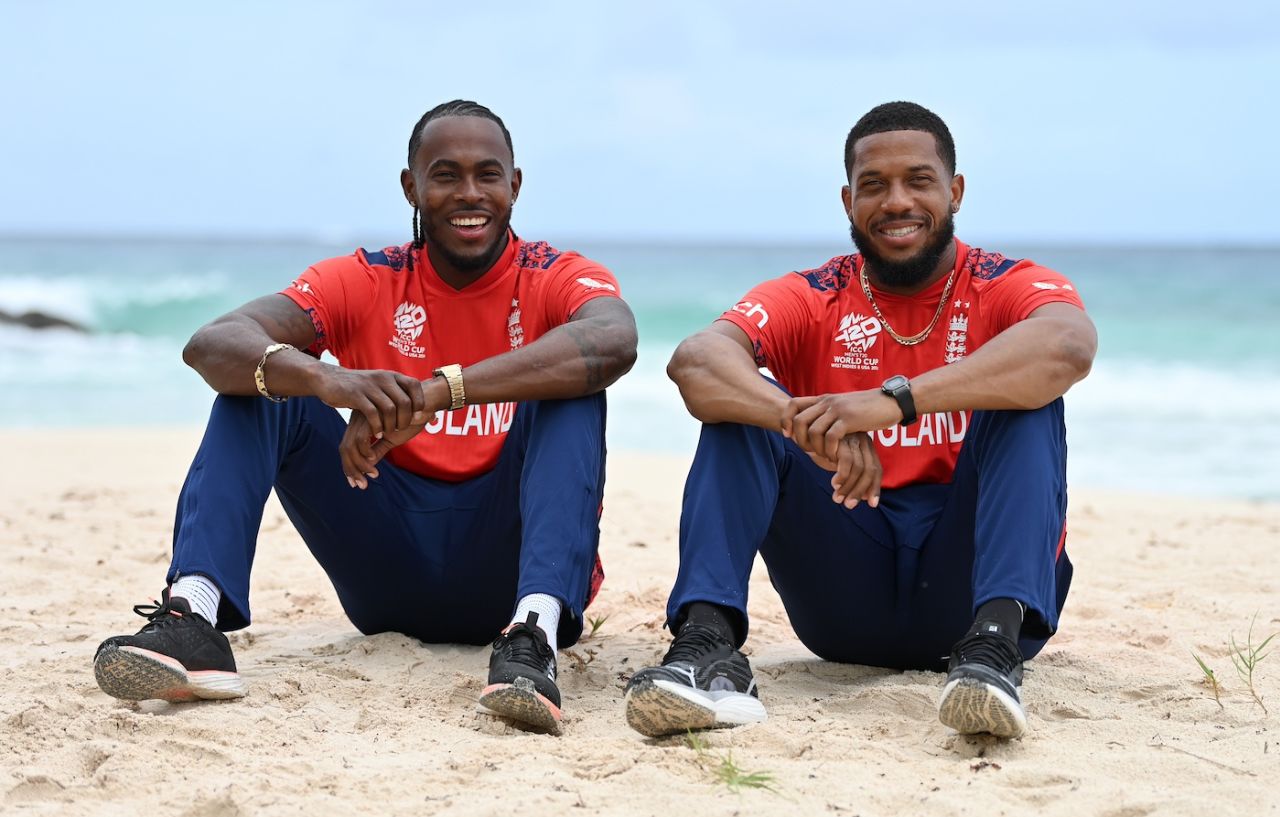 Jofra Archer and Chris Jordan pose for a portrait at the beach, Bridgetown, June 1, 2024