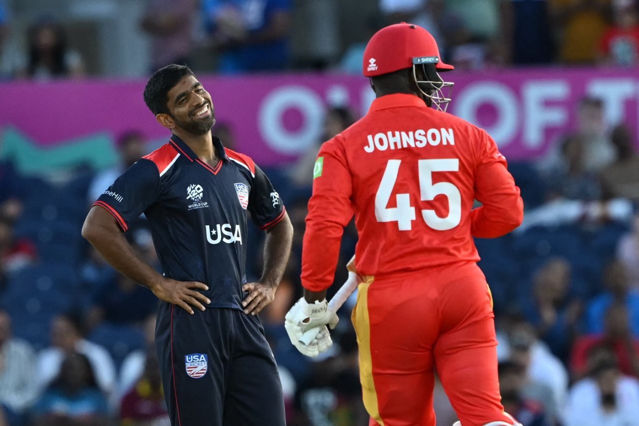 Saurabh Netravalkar reacts after Aaron Johnson gets a streaky four, USA vs Canada, T20 World Cup 2024, Group A, Dallas, June 1, 2024