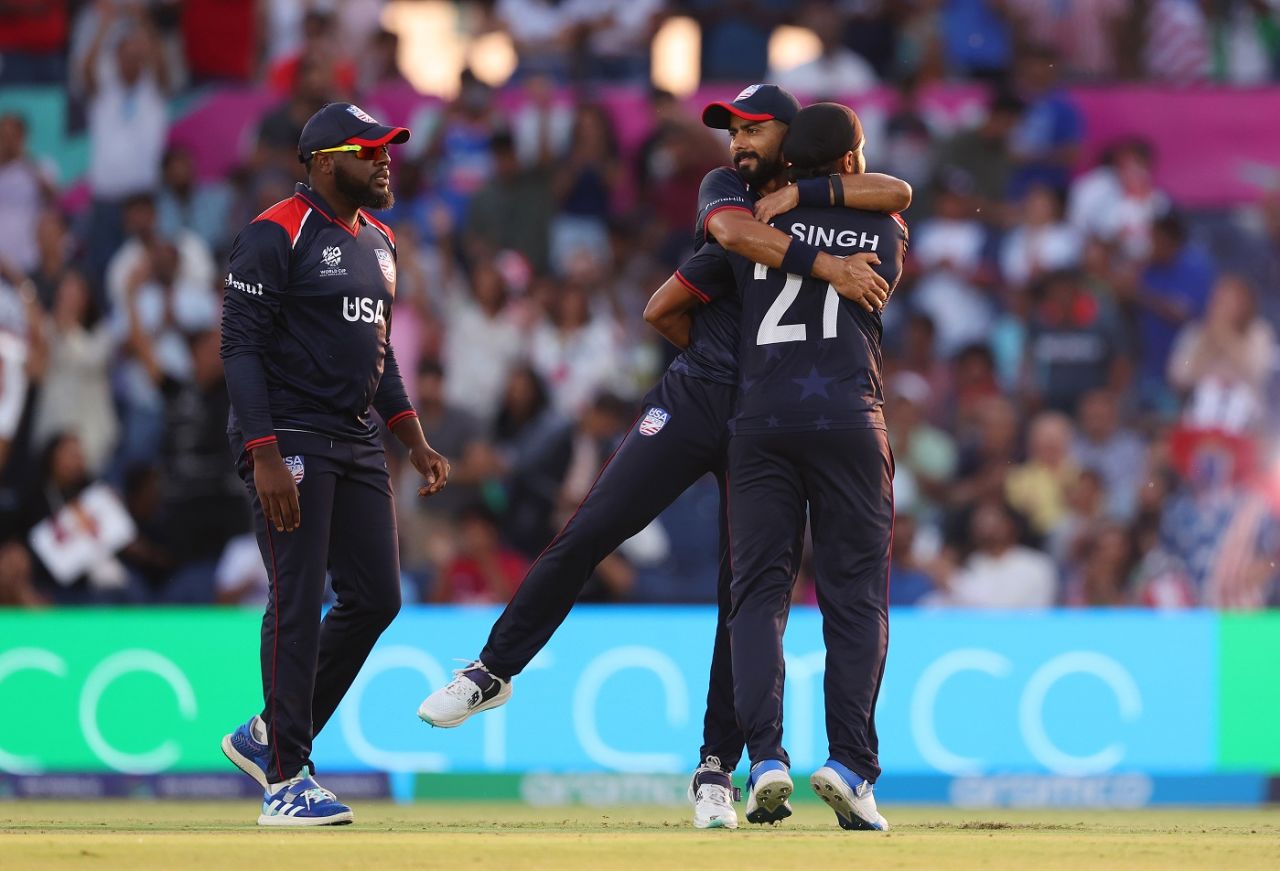 Harmeet Singh and Ali Khan are jubilant after USA's first wicket of the T20 World Cup, USA vs Canada, T20 World Cup 2024, Group A, Dallas, June 1, 2024