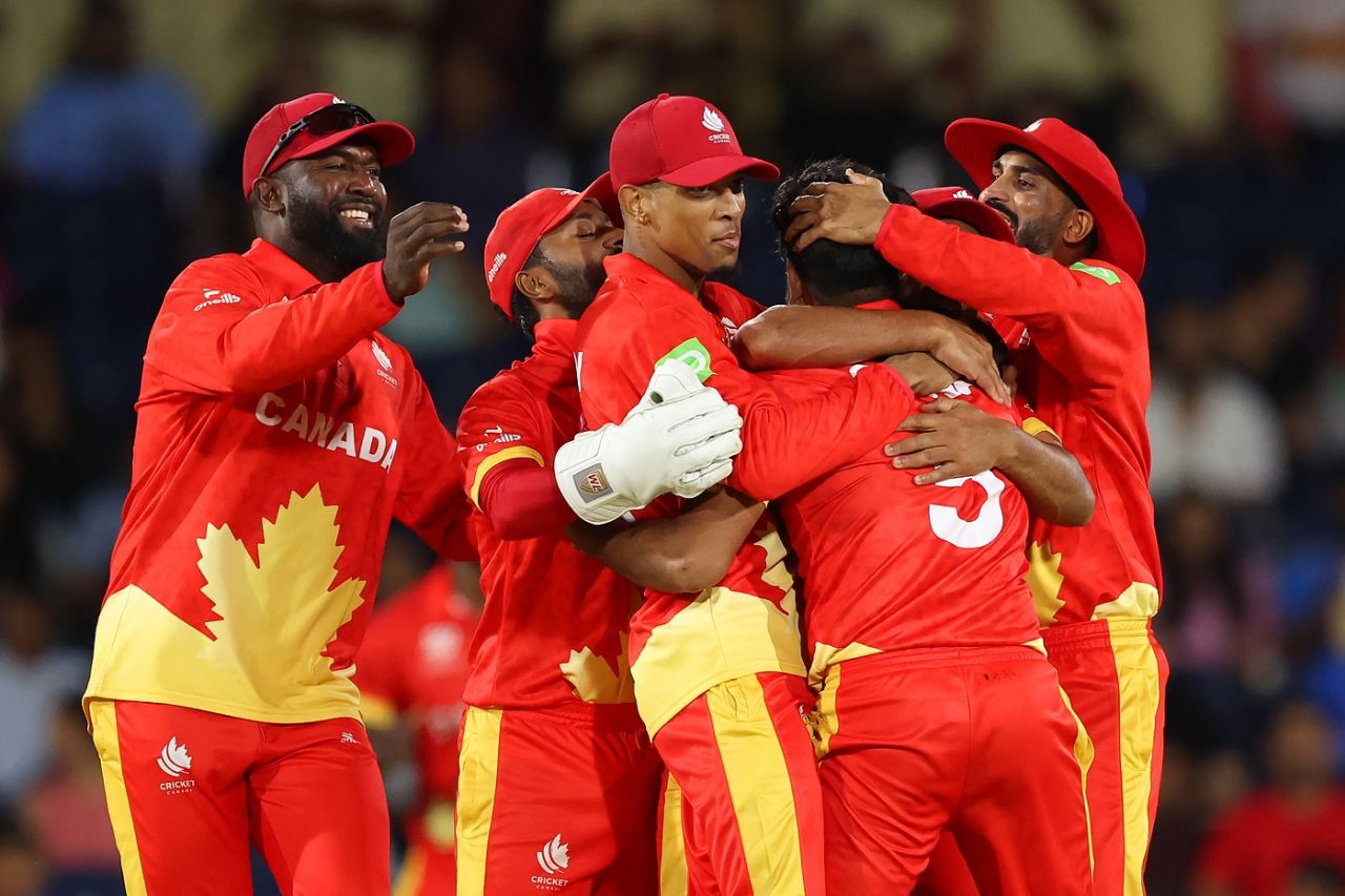 Canada players celebrate the early wicket, USA vs Canada, T20 World Cup 2024, Group A, Dallas, June 1, 2024