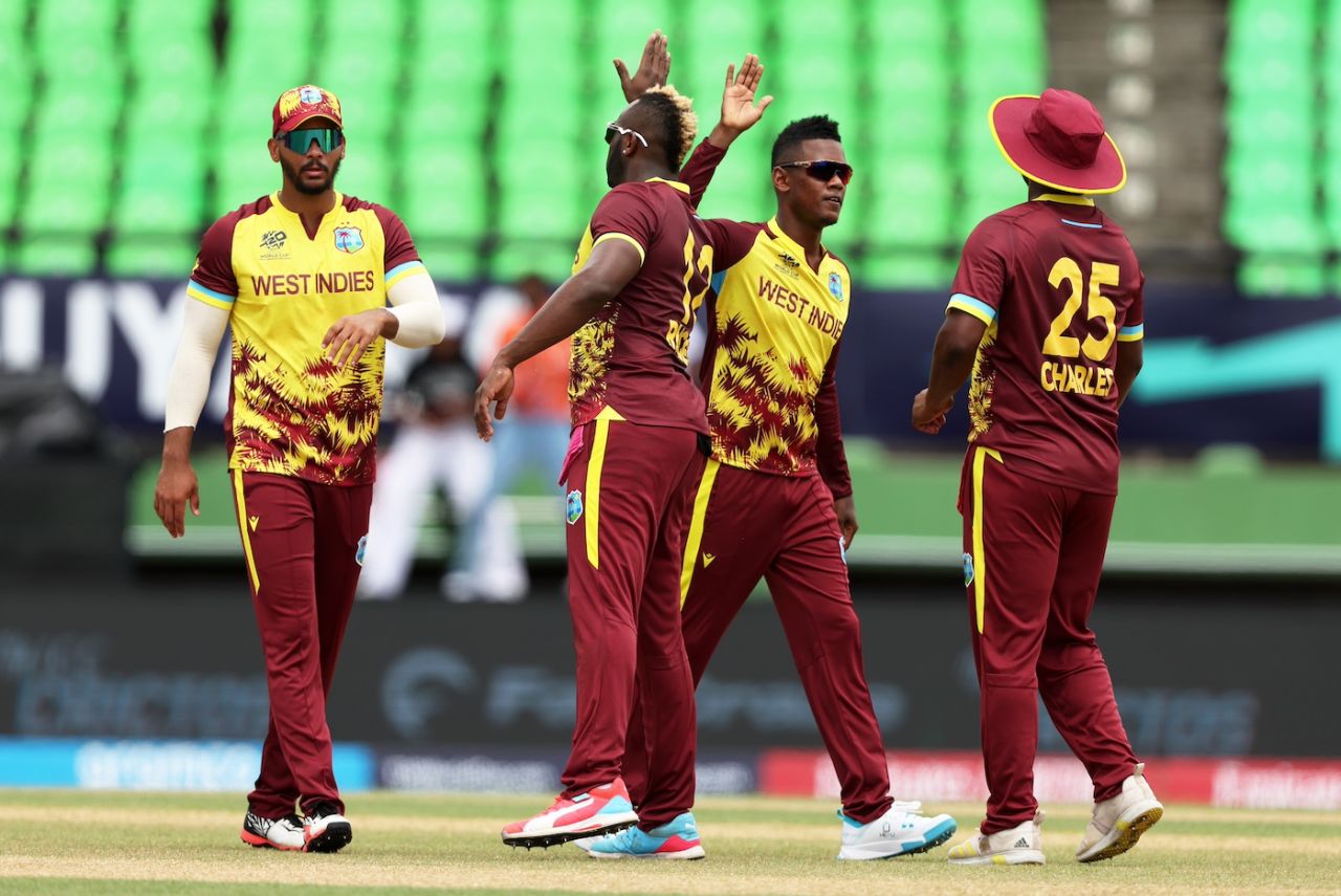 Akeal Hosein celebrates a wicket, West Indies vs Papua New Guinea, 2024 T20 World Cup, Providence, Guyana, June 2, 2024