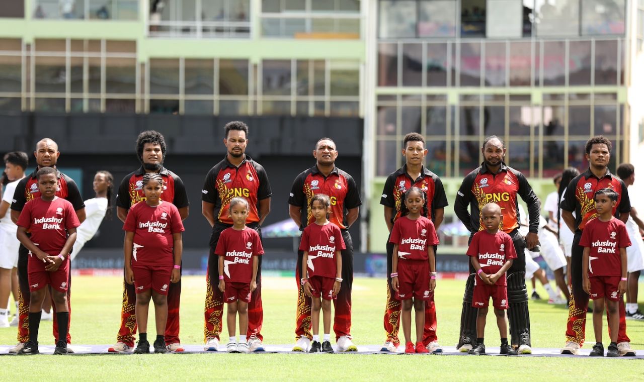 PNG players line up for the national anthem, West Indies vs Papua New Guinea, 2024 T20 World Cup, Providence, Guyana, June 2, 2024