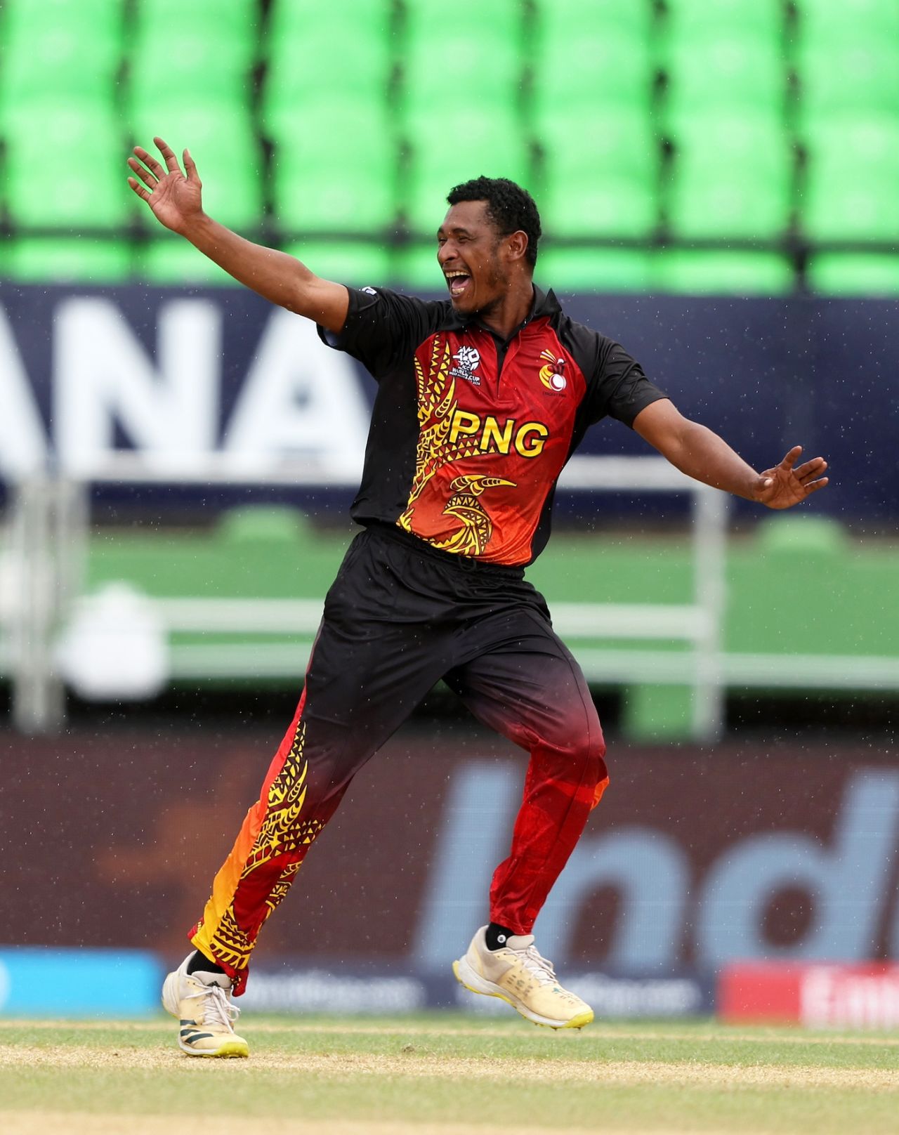 Alei Nao goes up in appeal against Nicholas Pooran as the rain comes down, West Indies vs Papua New Guinea, 2024 T20 World Cup, Providence, Guyana, June 2, 2024