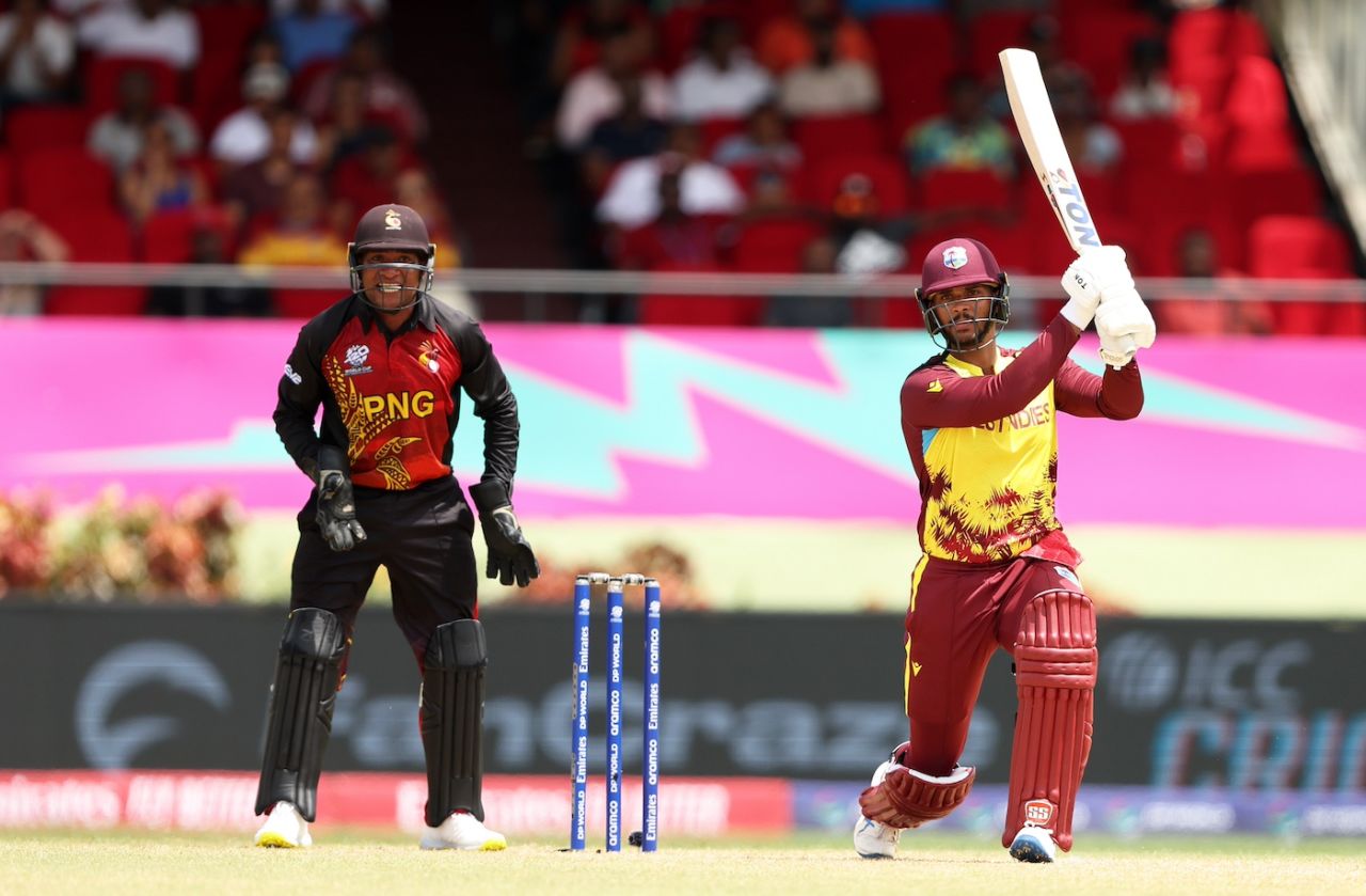 Brandon King hits over the top, West Indies vs Papua New Guinea, 2024 T20 World Cup, Providence, Guyana, June 2, 2024