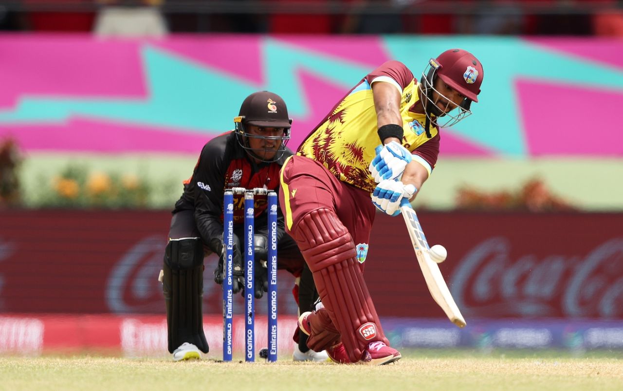 Nicholas Pooran launches one over the straight boundary, West Indies vs Papua New Guinea, 2024 T20 World Cup, Providence, Guyana, June 2, 2024
